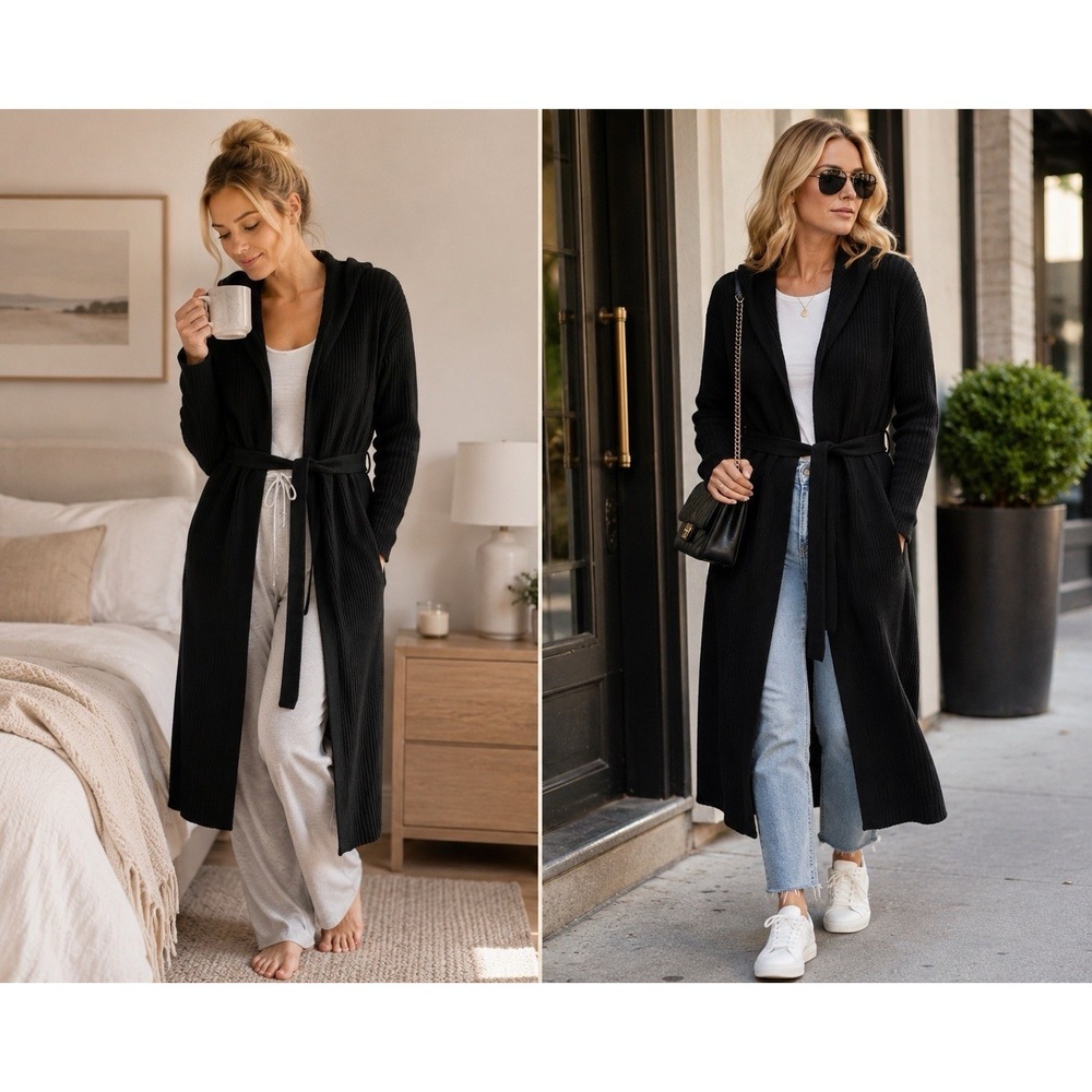 J. Crew Women Cardigan M Black Ribbed Hoodie Cotton Belted‎ Sweater Coat Robe